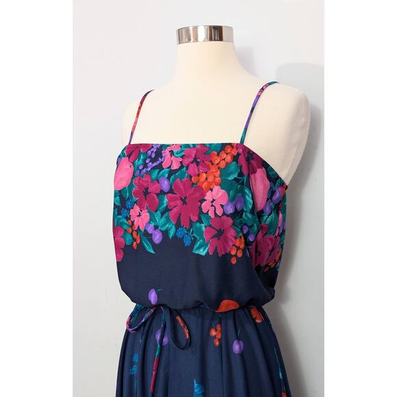 70s Blue Floral Spaghetti Strap Dress with Berries - Picture 6 of 7